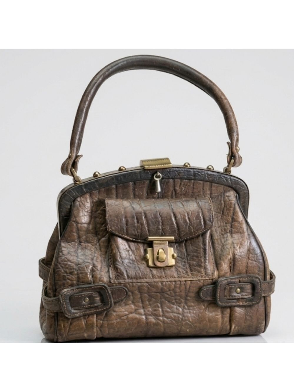 Vintage Brown Leather Satchel Crocodile Skin With Gold Accents 1950s